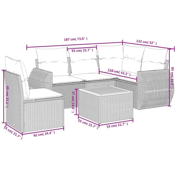 vidaXL sofasæt til haven 6 dele med hynder polyrattan beige