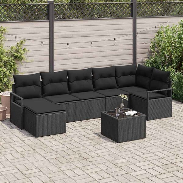 vidaXL Sofasæt med hynder og opbevaring 8 dele Sort polyrattan