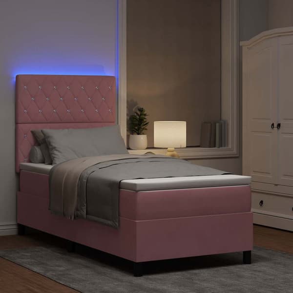 vidaXL LED Box Spring Bed med madras Lyserød 90 x 200 cm Stof