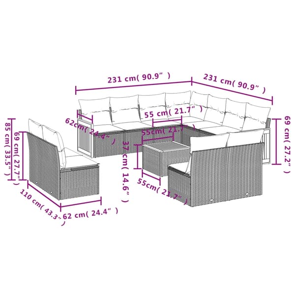 vidaXL sofasæt til haven 12 dele med hynder polyrattan beige