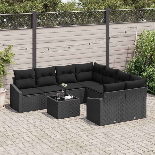 vidaXL Sofa Sæt med pude med pude 9 pcs Sort polyrattan