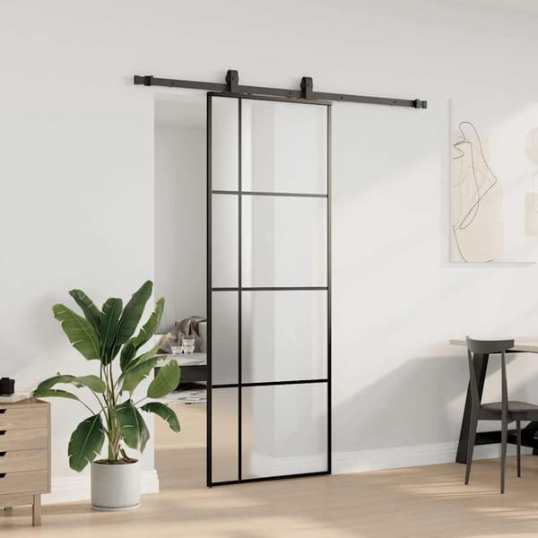 vidaXL Skydedør med monteringstilbehør sort 76x205 cm ESG-glas