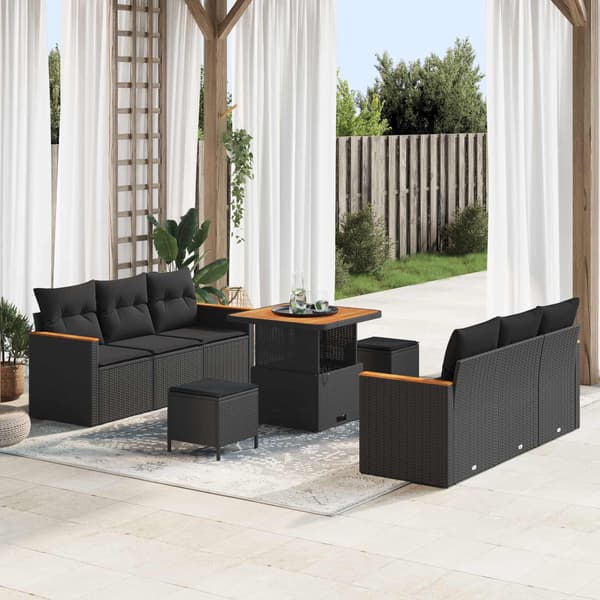 vidaXL Havesofa Sæt 9 pcs Sort polyrattan
