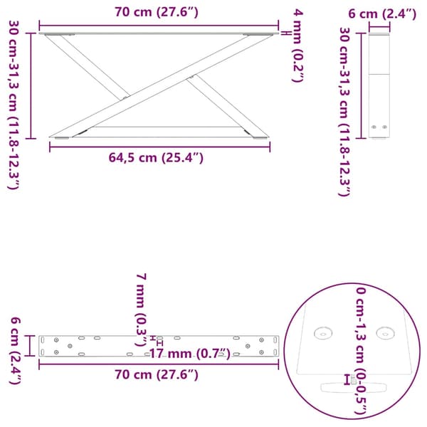 vidaXL sofabordsben 2 stk. sort 70 x (30-31,3) cm stål