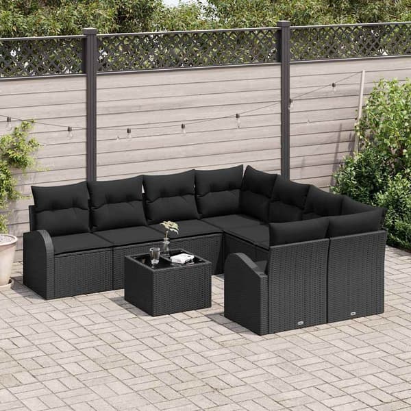 vidaXL Sofa Sæt med pude med opbevaring 9 pcs Sort polyrattan