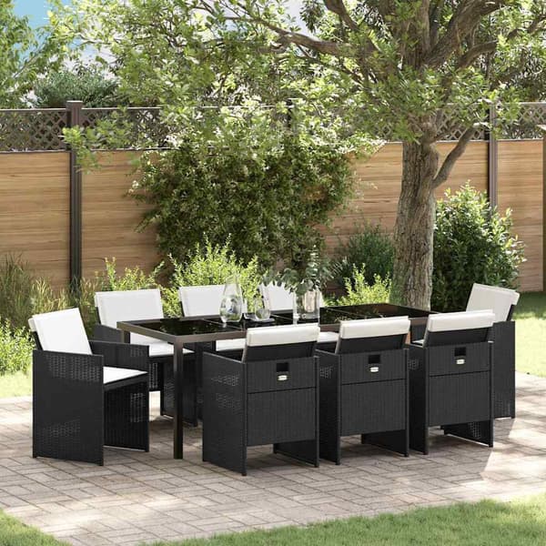 vidaXL Have Spisebordssæt med pude Foldning 9 pcs Sort Poly rattan