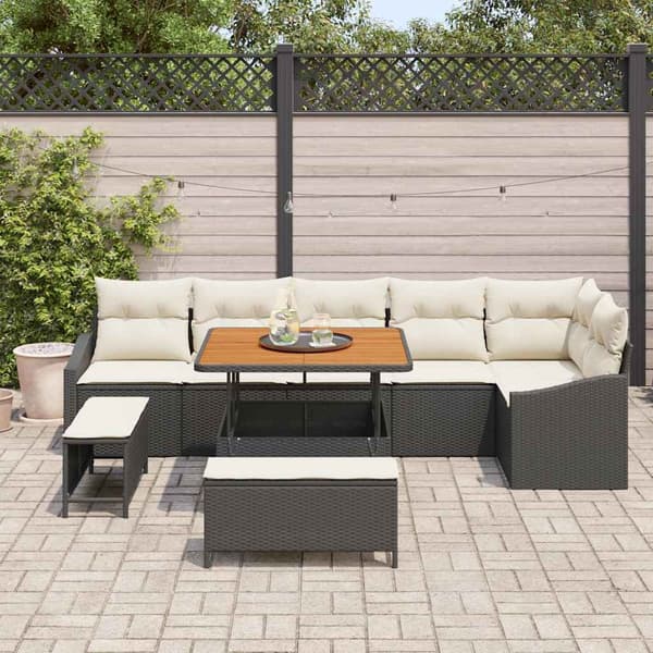 vidaXL Havesofa Sæt med pude 9 pcs Sort Poly rattan