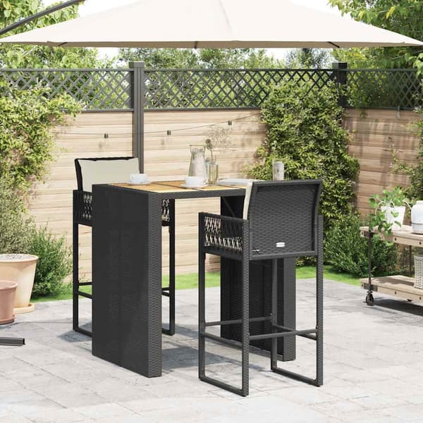 vidaXL 3-delt havebarssæt med hynder sort polyrattan