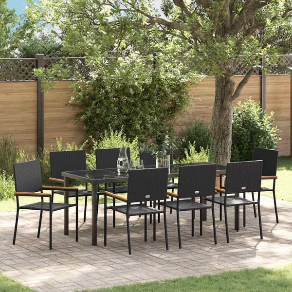 vidaXL Have Spisebordssæt 9 pcs Sort Poly rattan