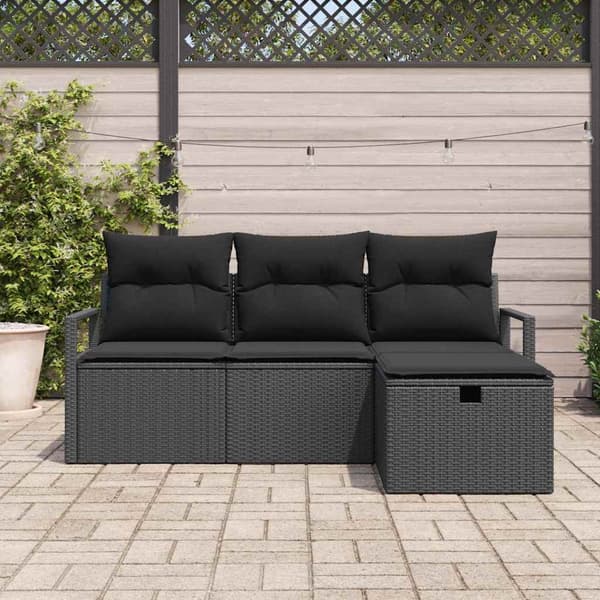 vidaXL Sofa Sæt med pude med opbevaring 4 pcs Sort polyrattan