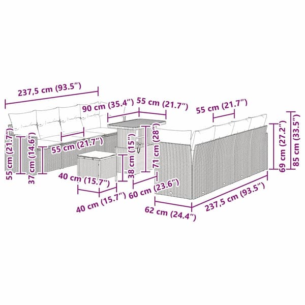 vidaXL Havesofa Sæt 11 pcs Sort polyrattan