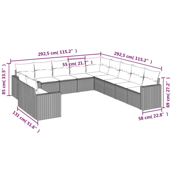 vidaXL sofasæt til haven 11 dele med hynder polyrattan beige