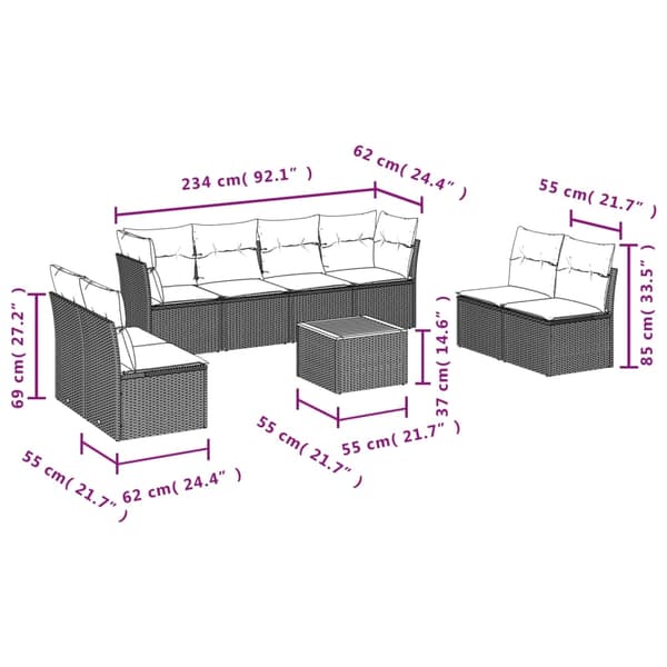 vidaXL sofasæt til haven 9 dele med hynder polyrattan beige