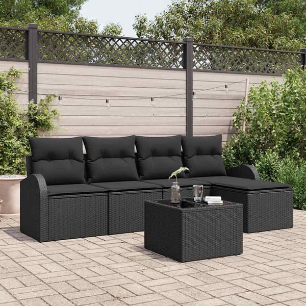 vidaXL Sofa Sæt med pude med opbevaring 6 pcs Sort polyrattan