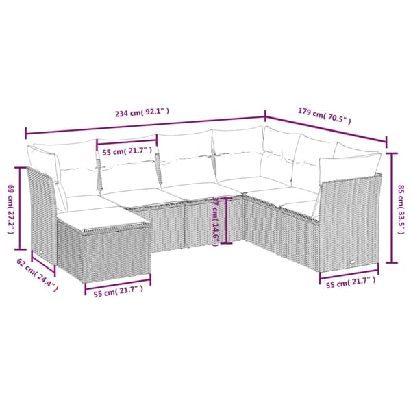 vidaXL sofasæt til haven 7 dele med hynder polyrattan brun