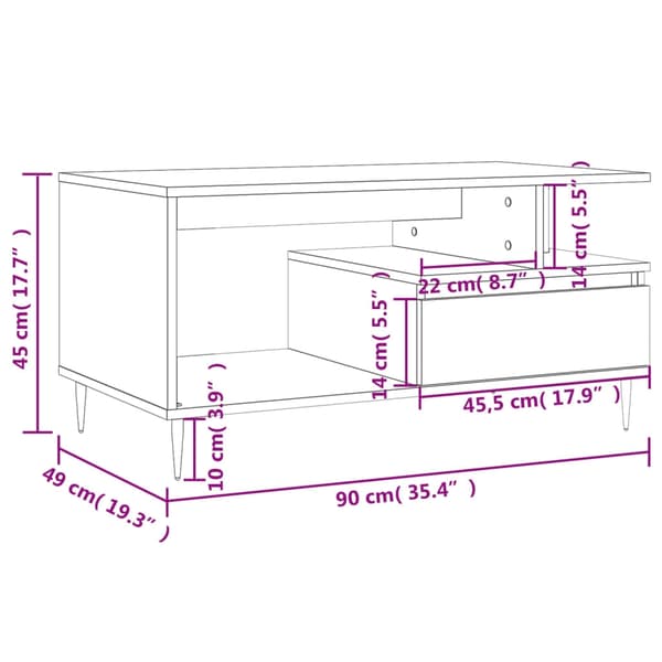 vidaXL sofabord 90x49x45 cm konstrueret træ røget egetræsfarve