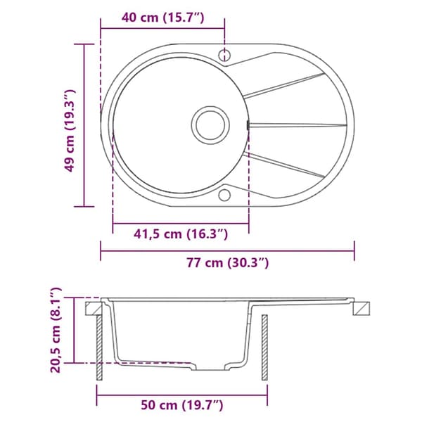 vidaXL køkkenvask enkelt vask oval granit grå