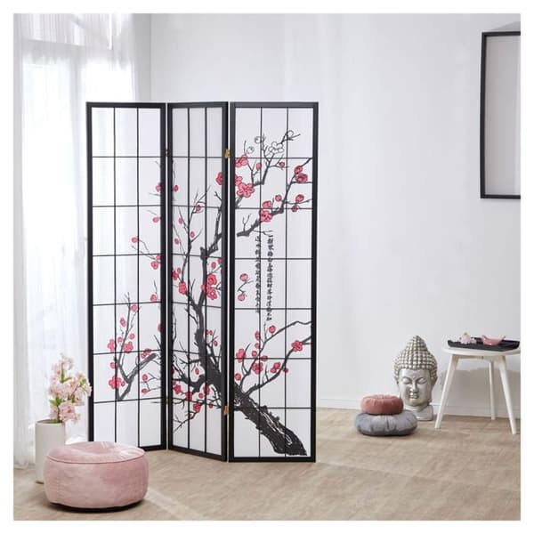 Träskärm 3 paneler körsbärsblomma svart