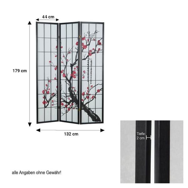 Träskärm 3 paneler körsbärsblomma svart