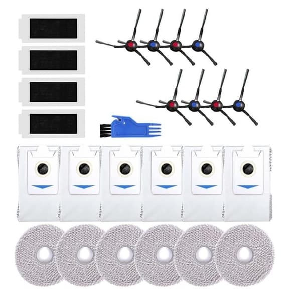 Tilbehør til Ecovacs Deebot T30/T30 Max/T30 Pro: Børste, mopp, klut, HEPA-filter, støvpose.