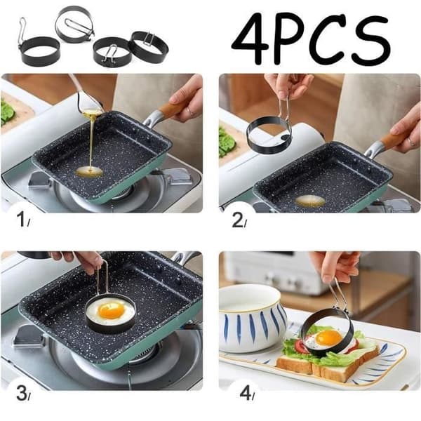 (Sort) Æggeform - Rustfrit stål - Rund - Non-stick - 4 stk. - Til omeletter og pandekager
