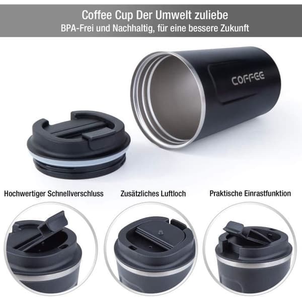 (Sort) Isoleret krus - Rustfrit stål - 380 ml - Lækagesikker - BPA-fri - Sort