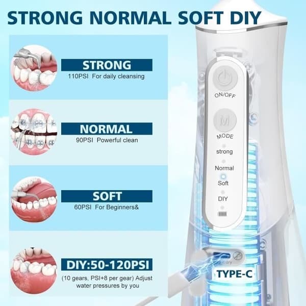 (Hvit) Trådløs vanntannbørste - NOBRAND - 300 ml - 5 dyser - 4 moduser