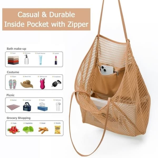 (Khaki)LECOO Mesh Beach Bag - Khaki - Stor Axelväska för Damer -