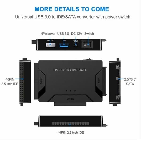 (Sort) USB 3.0 til IDE SATA harddiskadapter til 2,5" 3,5" IDE SATA SSD harddisk med ekstern strømadapter
