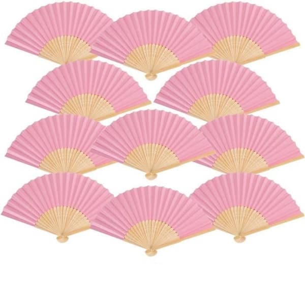 (Rosa) Fläkt - Bröllop - 12 st - Vikbar - Rosa - Bambu och Papper - 37x21 cm
