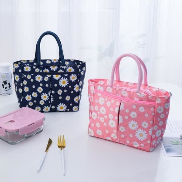 Isoleret madtaske til kvinder, bærbart blomsterdesign, sort