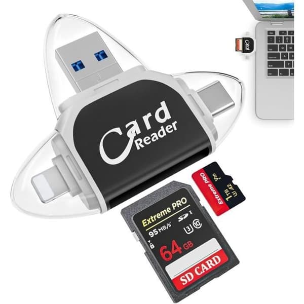 LECOO 4 i 1 SD TF Kortlæser - 5Gbps - Sort - Kompatibel med iOS, Android, Windows