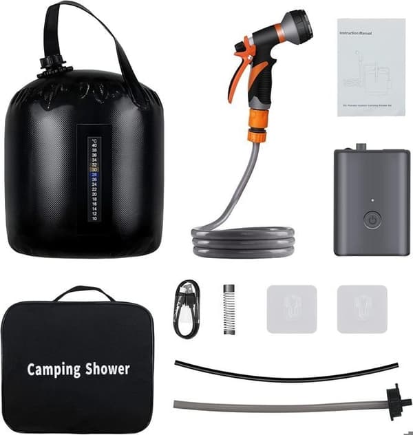 20L solvarmet bøtte – Bærbar campingdusj med LED, USB og 8 spraymoduser