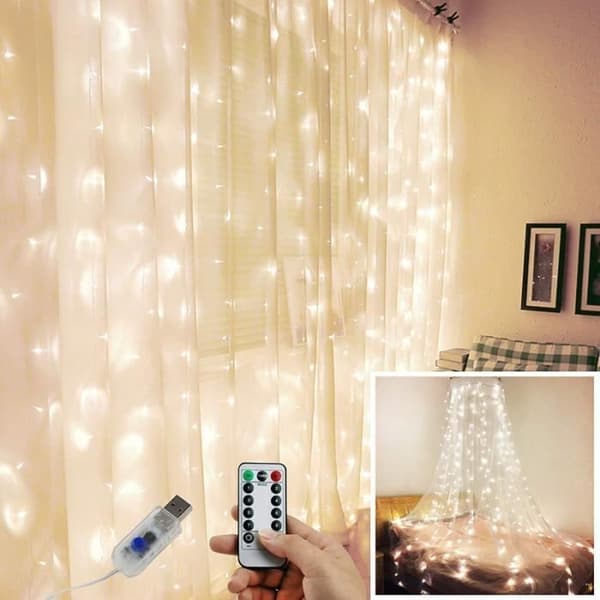 INNENDØRS LYS STRING 2M x 3M 200 LED Gardinlys med 8 lysmoduser Fedekorasjon Bryllup Jul