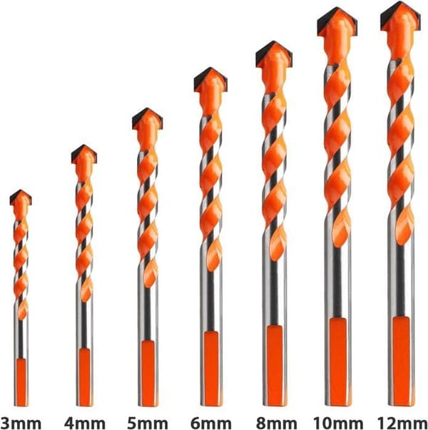 Sæt med 7 multimaterialekarbidstenbor, trekantede bor til metal, fliser, beton, mursten