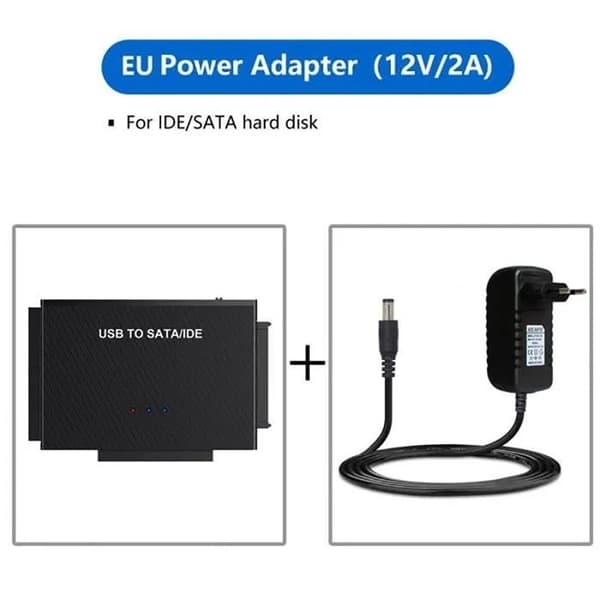 (Svart) USB 3.0 til IDE SATA harddiskadapter for 2,5" 3,5" IDE SATA SSD HDD med ekstern strømadapter