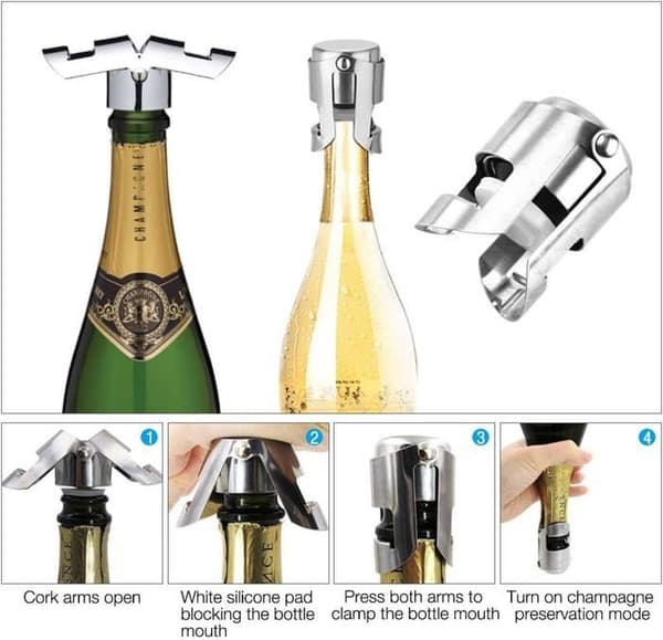 Champagneproppar, set med 4 vakuumförseglade proppar i rostfritt stål för mousserande vinflaskor
