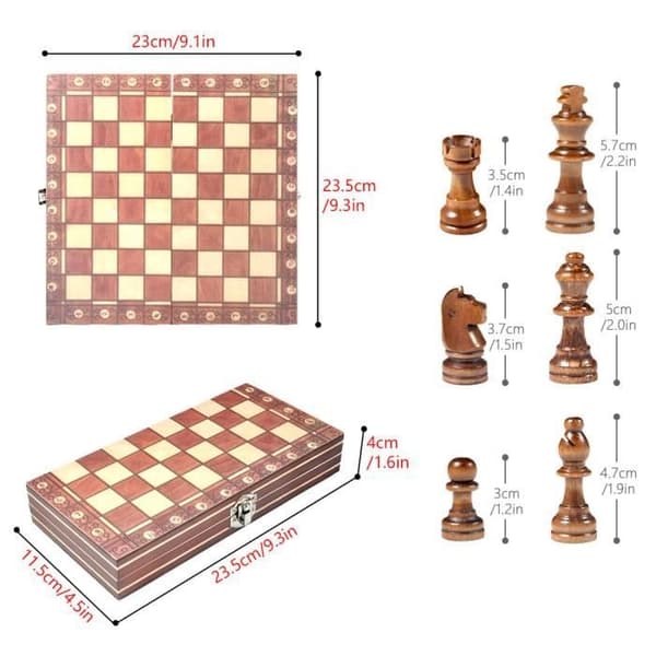 Foldbart magnetisk rejseskakspil i træ - 3 i 1 - Voksen
