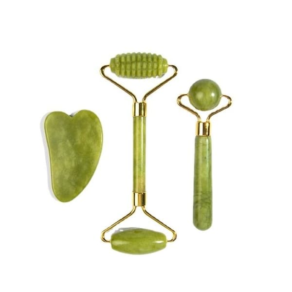 Ansigts- og kropsmassage-triosæt, jaderulle, gua sha-sten og