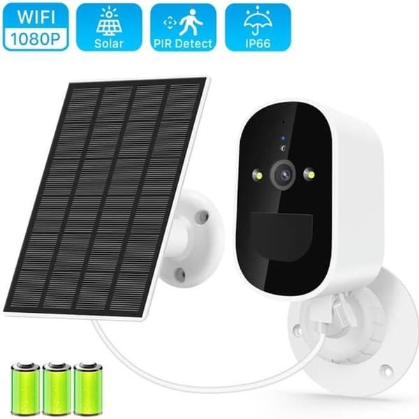 (vit) Säkerhetskamera - PRUMYA - Solcellsdriven WiFi-modell - Full HD 1080P - Nattseende - 6000mAh batteri