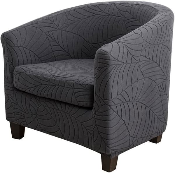 Trekk til sofa i bladjacquard, klubbstoltrekk - høy elastisitet - avtakbart og vaskbart - mørkegrå