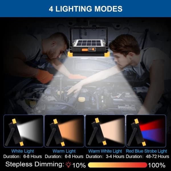 Oppladbar LED-flomlys - YANSION - 80W - 348 LED-lys - Solcellepanel - 4 lysmoduser