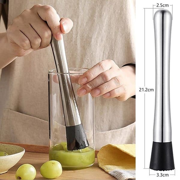 21 cm cocktailmuddler i rustfritt stål med rillet nylonhode og fruktblender