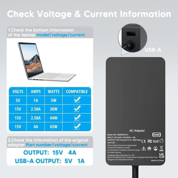 65W oplader, kompatibel med Surface Pro 3/4/5/6/7, Surface Go 2/1, Microsoft Surface Book/Notebook/Tablet, USB