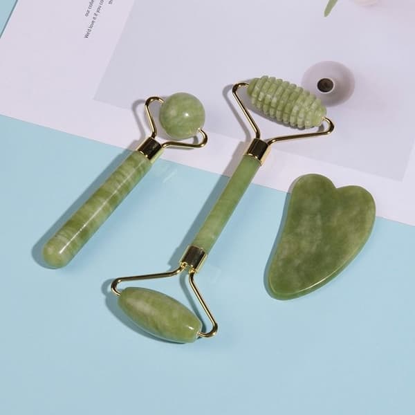 Ansigts- og kropsmassage-triosæt, jaderulle, gua sha-sten og
