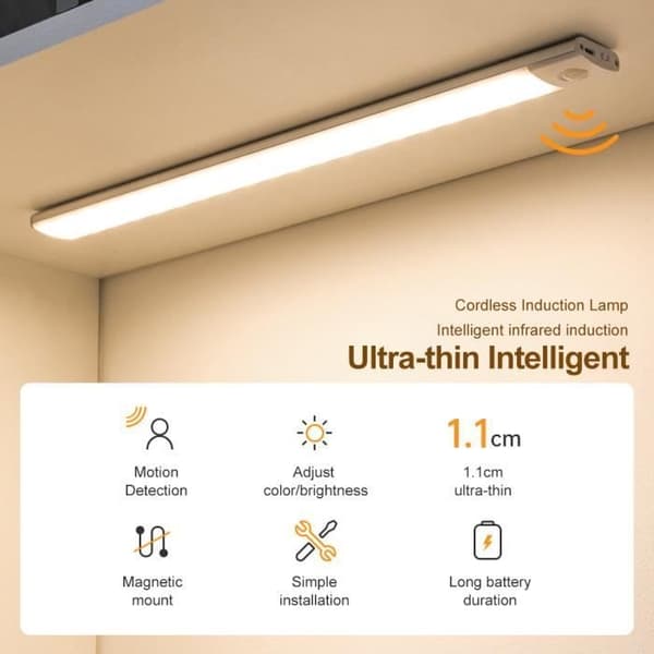 2-pakning LED-bevegelsessensorlys, trådløst, USB-oppladbart, magnetisk, 3 lysmoduser - 10 cm