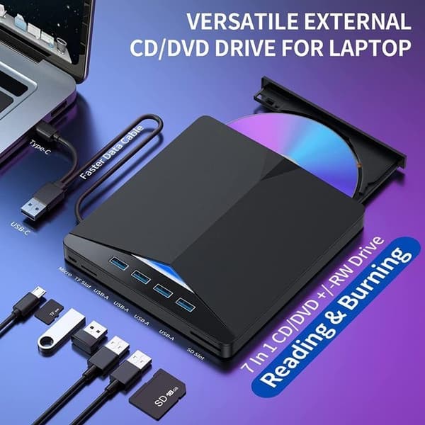 Ekstern USB 3.0 bærbar DVD CD-brænder - 7 i 1 multifunktions DVD-brænder - til Windows 11/10/8/7