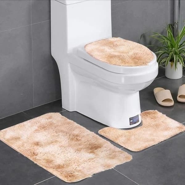 (beige) Bademåtte - Sæt med 3 dele - Skridsikker - Maskinvaskbar - Beige - Polyester