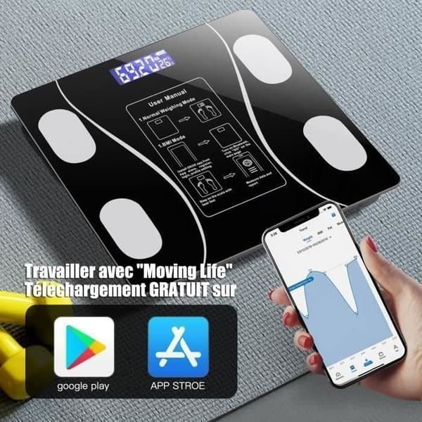 (Sort-sort) Impedansmåler Kropsfedtvægt, Smart Bluetooth Kropsfedtvægt, USB-opladning med 19 kropsdata til iOS/Android