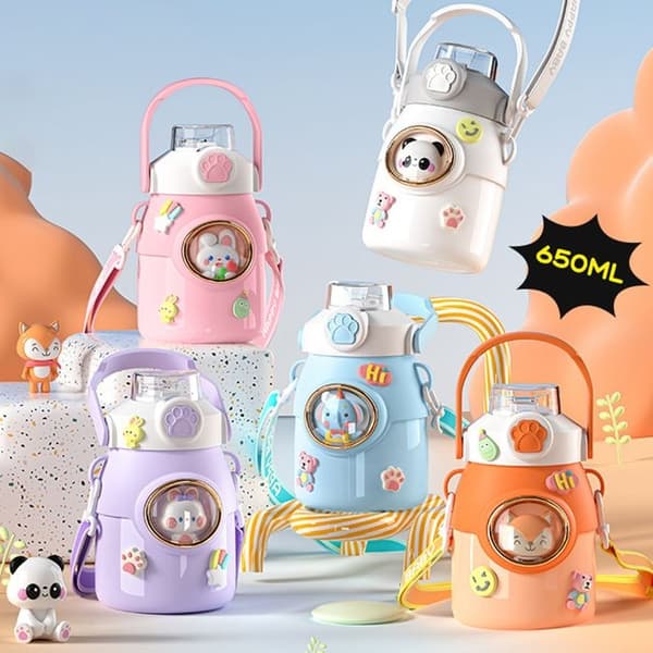 Vattenflaska, termosvattenflaska för barn, termosmugg med sugrör, termos i rostfritt stål, blå 650ml